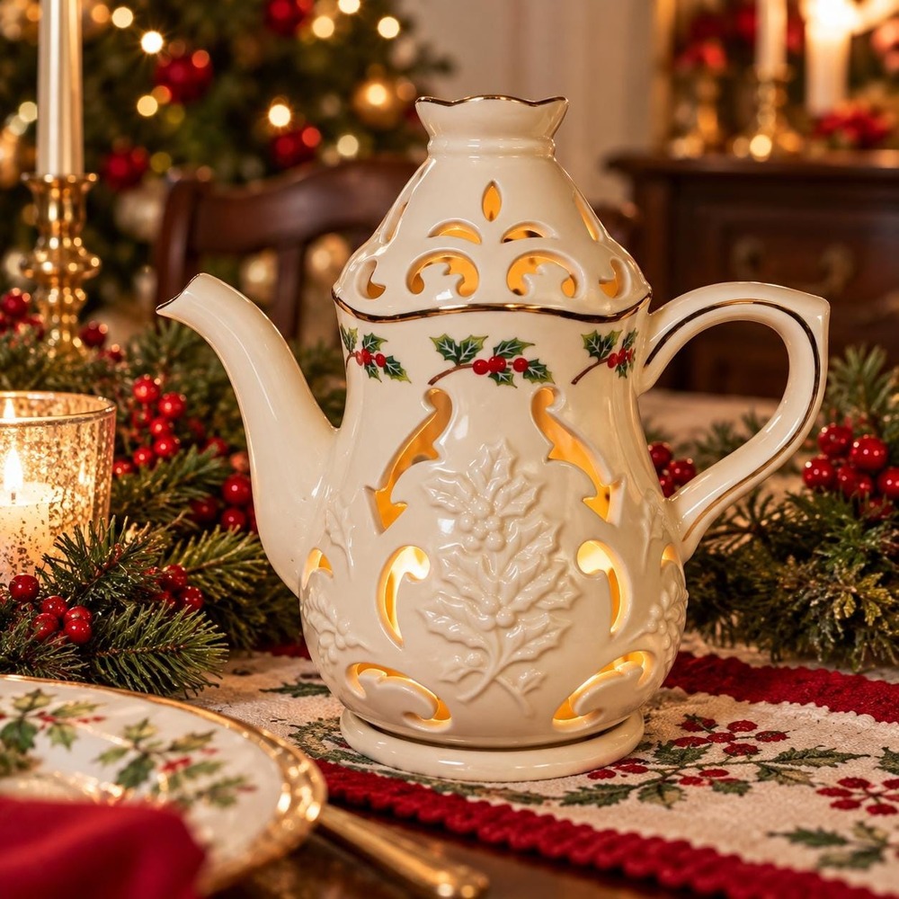 Vintage PartyLite Holly Leaf Teapot Candle Holder P7256 Christmas Ceramic